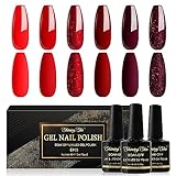 Shining She UV Nagellack Rot,6 Farben Glitzer Rot Burgunder Dunkel Gel Nagellack Set Soak-Off UV Shellac Nagellack Maniküre Set für Anfänger Nail Art Salon DIY, 8ML