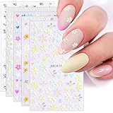 JMEOWIO 3D Nagelsticker Frühling Blumen 5 Blatt Nagelaufkleber 5D Stereoskopisch Selbstklebend Bunte Blüte Nail Art Sticker Dekoration Nageldesign Zubehör