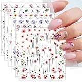 JMEOWIO Nagelsticker Frühling Blume 6 Blatt Nail Art Sticker Selbstklebend Nagelaufkleber Sommer Verlässt Blumen Dekoration Nageldesign Zubehör